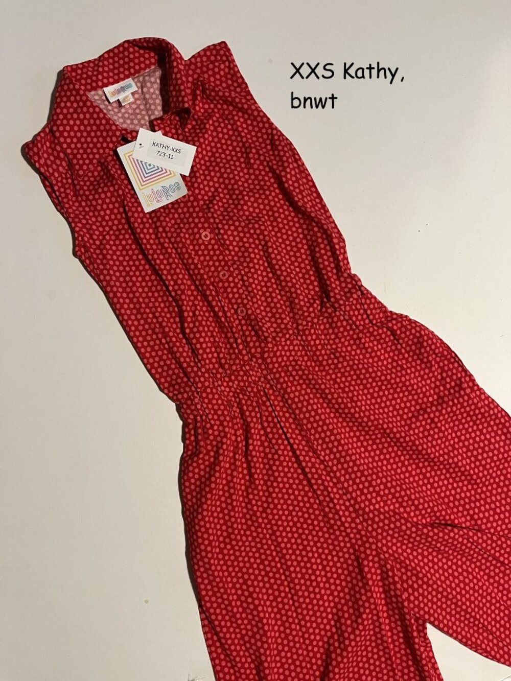XXS Lularoe Kathy jumpsuit, red with pink dots